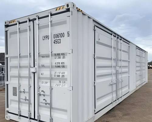 40ft High Cube Shipping Container — 2 Side Doors + Rear Double Doors, COR-TEN Steel (New)