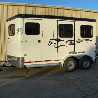 2022 Double D reverse slant 2 horse bumper pull in cream with horse graphic, side exterior view