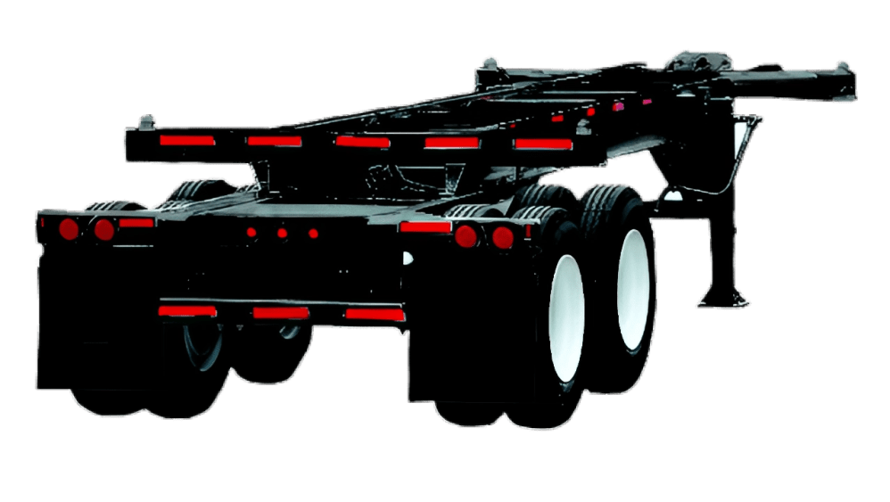 20 ft container chassis intermodal trailer in black, rear three-quarter view on a white studio background